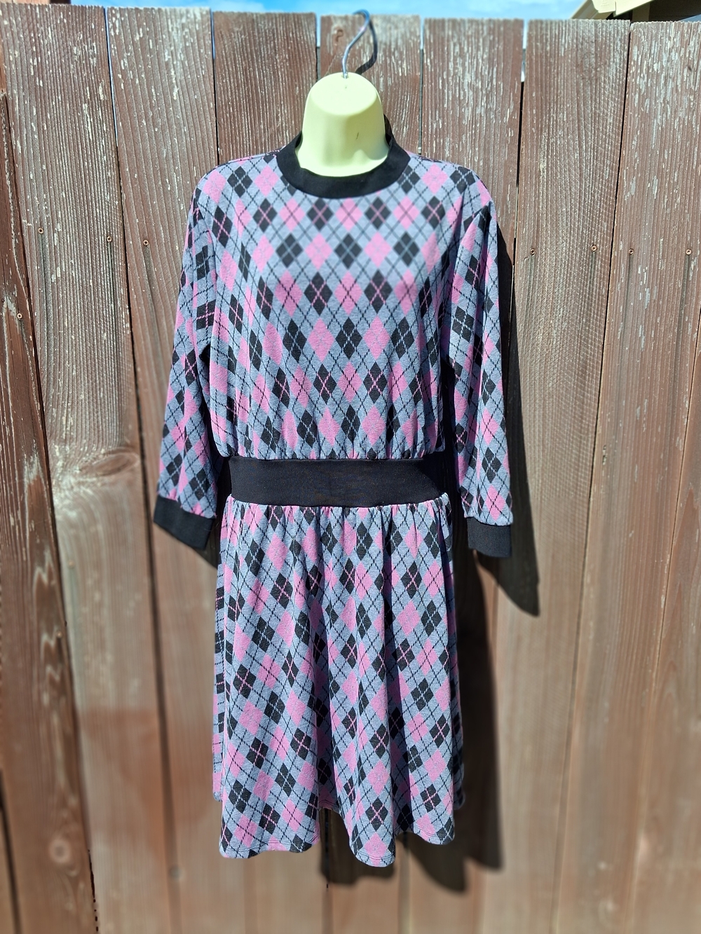 Women's Pink and Gray Argyle Knit Dress with Black Trim